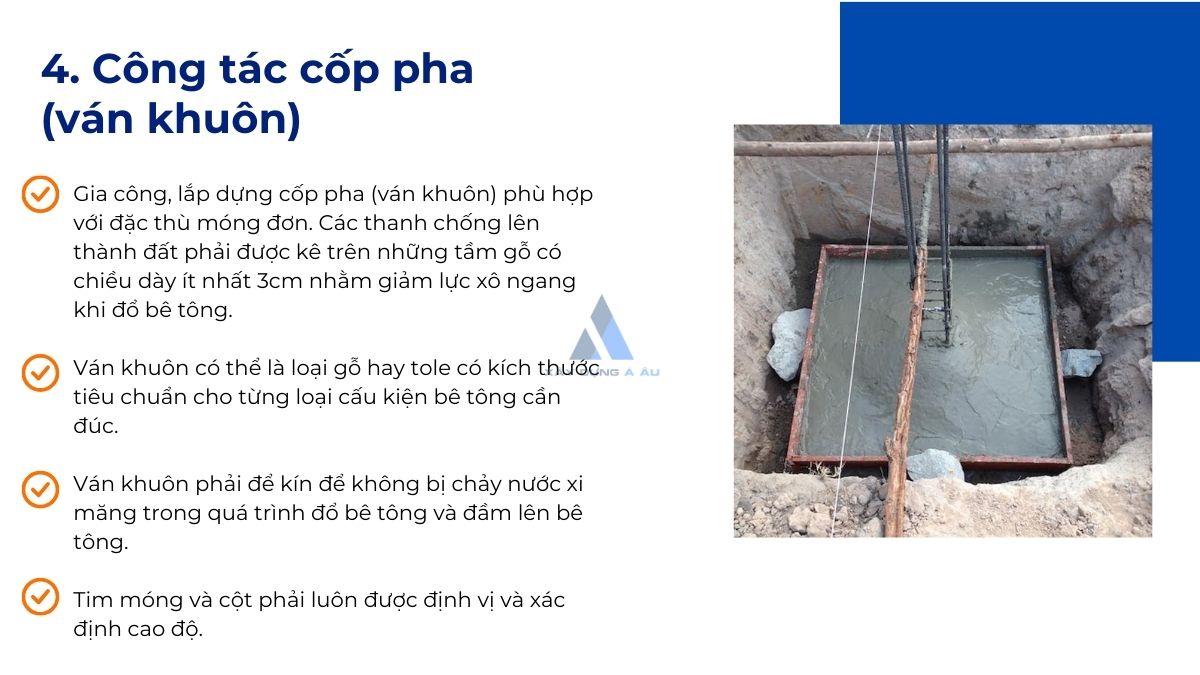 công tác cốp pha móng đơn 